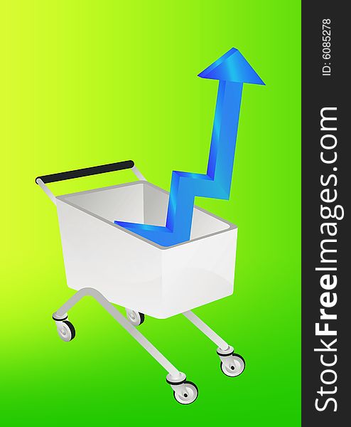 Shopping cart with 2d arrow pointing the way into success in green background, . Shopping cart with 2d arrow pointing the way into success in green background,