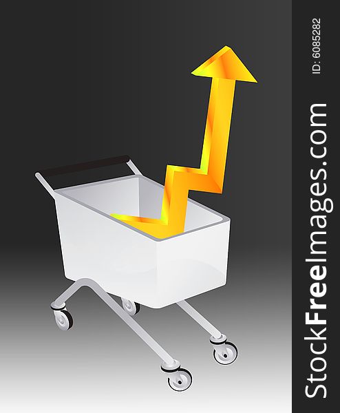 Shopping cart with 2d arrow pointing the way into success in black background. Shopping cart with 2d arrow pointing the way into success in black background