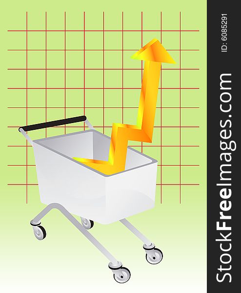 Shopping with graph chart and 2d arrow pointing the way into success in green background