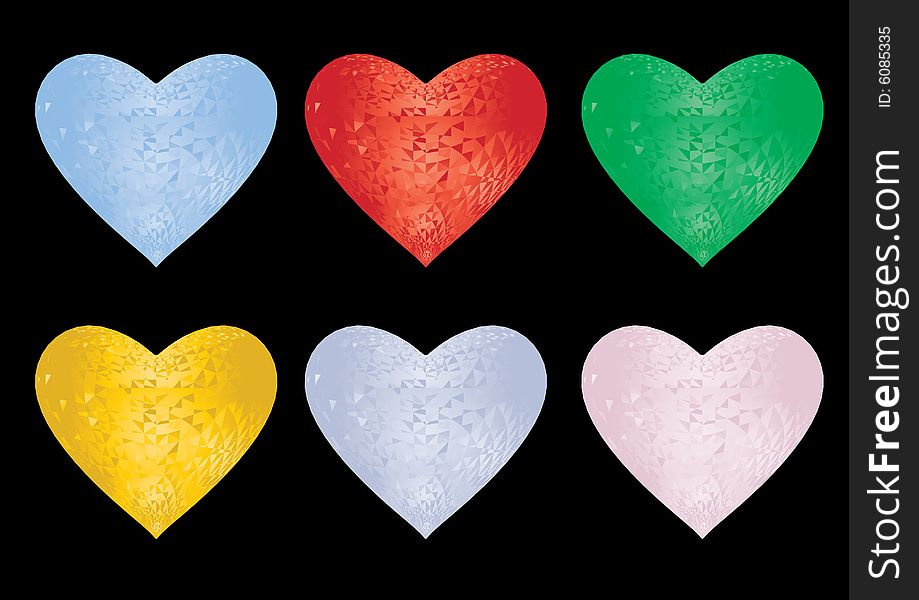 3d crystal colorful hearts rendered in black background, vector. 3d crystal colorful hearts rendered in black background, vector