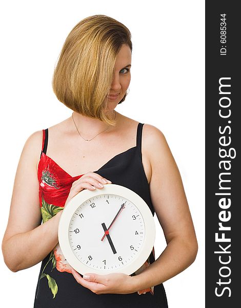 Woman with watch on white background