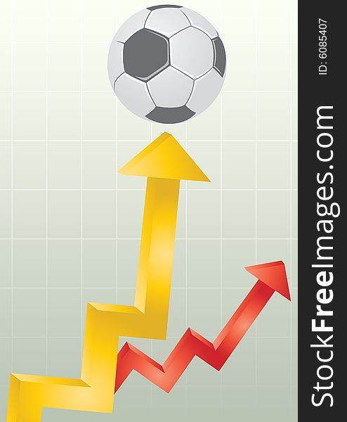 Arrowhead business chart pointing a soccer ball in grid line background. Arrowhead business chart pointing a soccer ball in grid line background