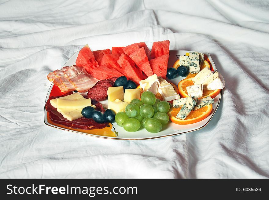 Breakfast, healthy food, fruits, cheese and meat