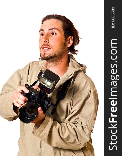 The man with the camera on a white background