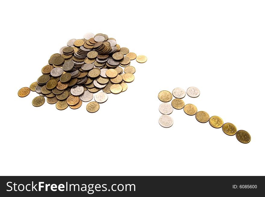 Coins and coins arrow on white background