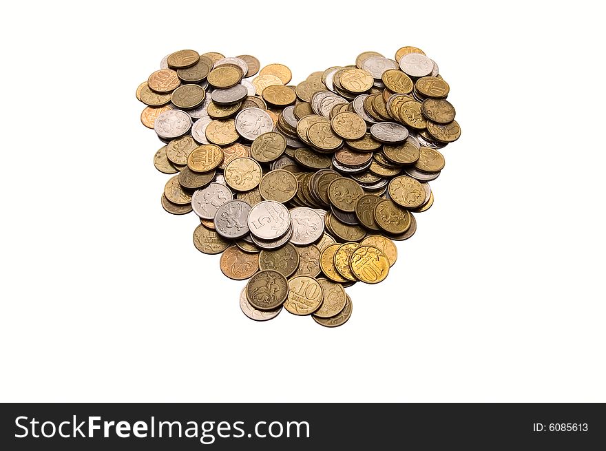 Coins as heart on white background. Coins as heart on white background
