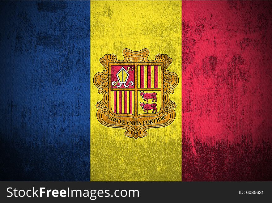 Weathered Flag Of Andorra, fabric textured. Weathered Flag Of Andorra, fabric textured