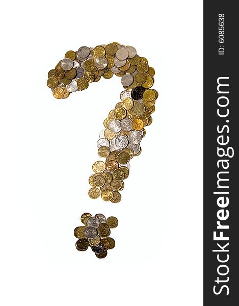 Coins as question mark on white