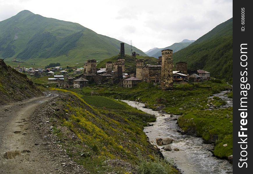 Old small village in the caucas. Old historical tower. Old small village in the caucas. Old historical tower.