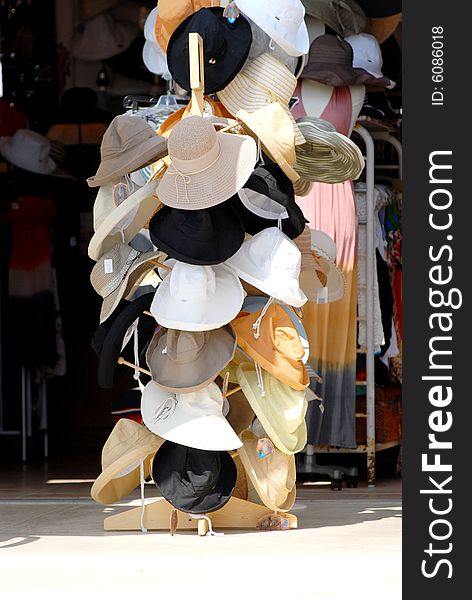 Stack of hats on sale at the beach. Stack of hats on sale at the beach