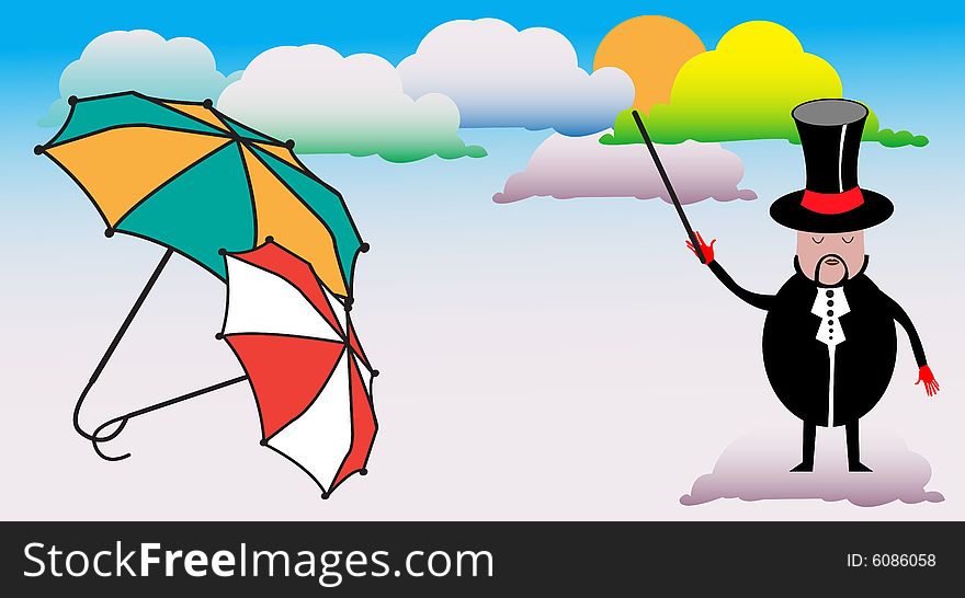 Abstract colored background with man predicting the weather, umbrellas and various cloud shapes. Abstract colored background with man predicting the weather, umbrellas and various cloud shapes