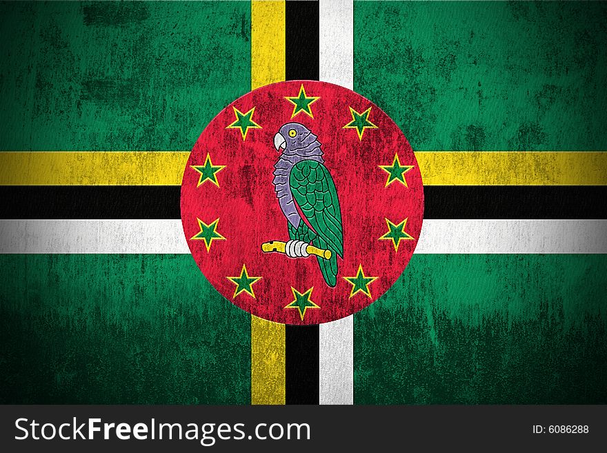 Weathered Flag Of Dominica, fabric textured. Weathered Flag Of Dominica, fabric textured