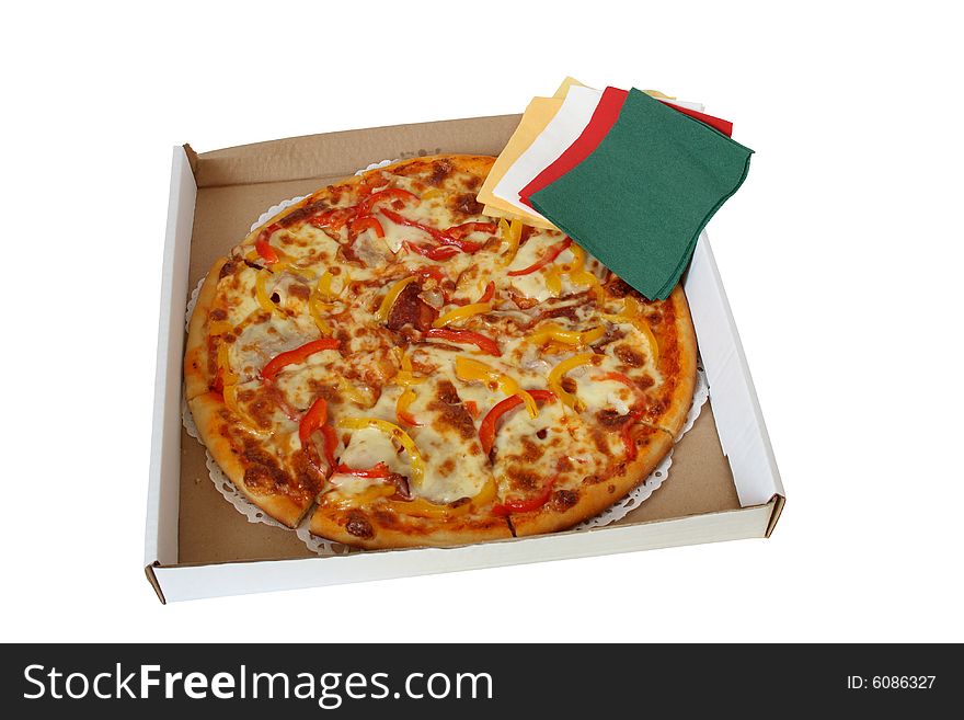 Fresh pizza lying in pasteboard box with colored tissue paper. Fresh pizza lying in pasteboard box with colored tissue paper