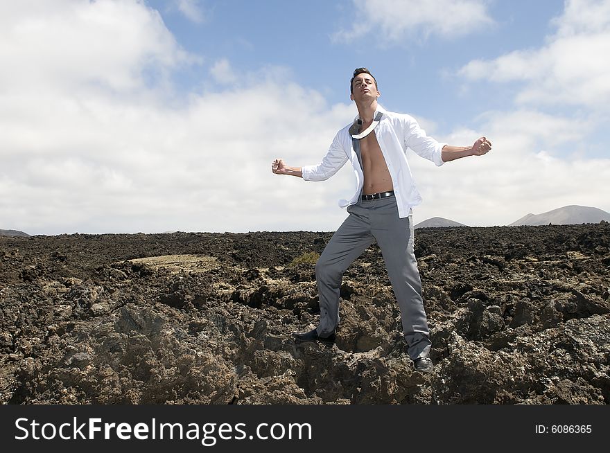 Angry and stressed businessman on the lava of a vu
