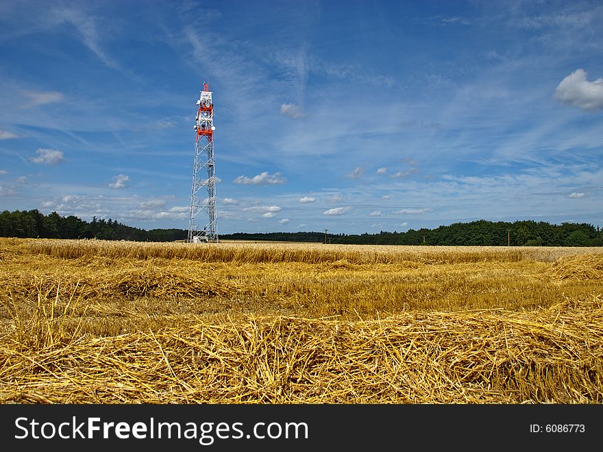 A cimmunication tower standing in a field. A cimmunication tower standing in a field.