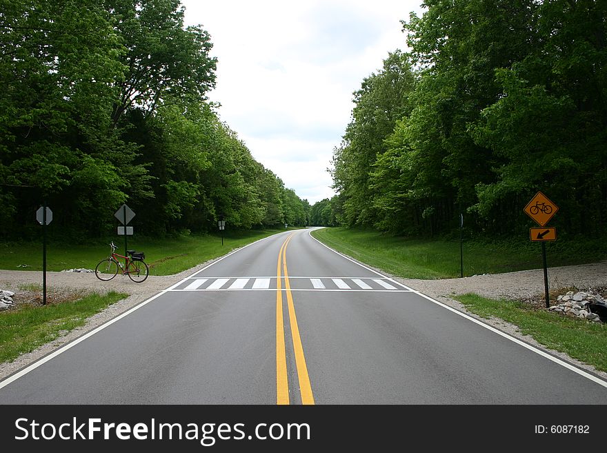 A bike path crossing a rural road