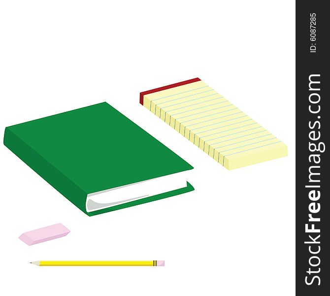 Illustration of a student's table, with a book, eraser, pencil and notepad. Illustration of a student's table, with a book, eraser, pencil and notepad