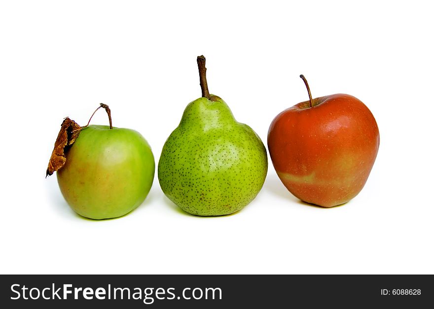 Two apples and pear isolated on white. Two apples and pear isolated on white