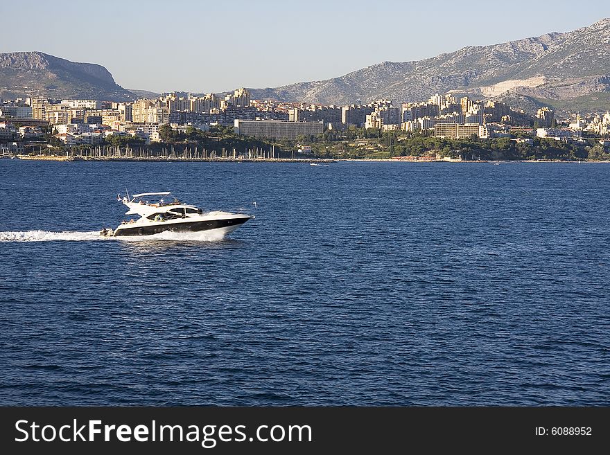 Speadboat sailing on the adriatic sea. Speadboat sailing on the adriatic sea