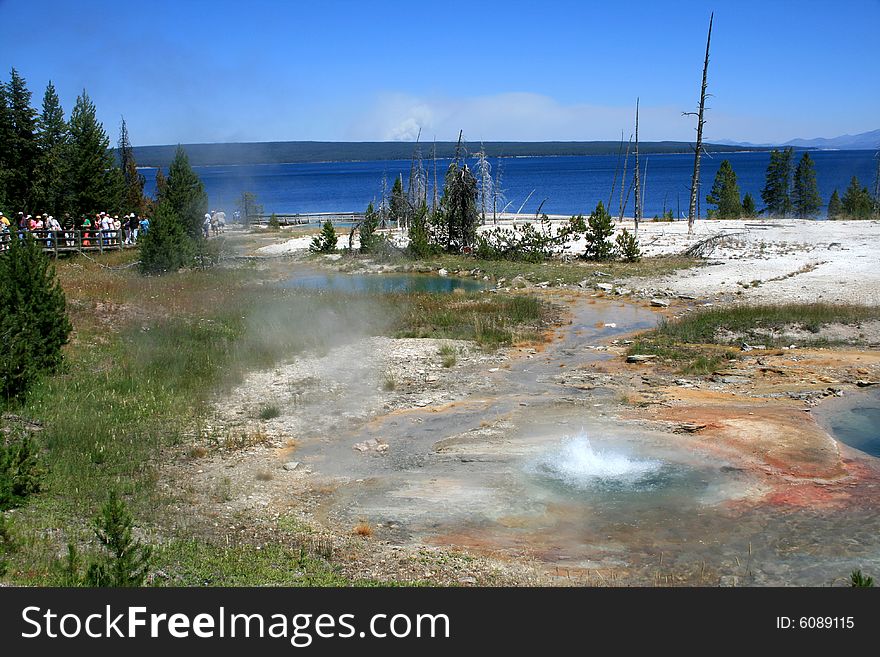 Erupting geyser in colored pool