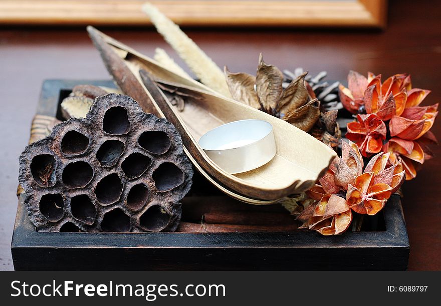 Basket full of spa products including a candle.