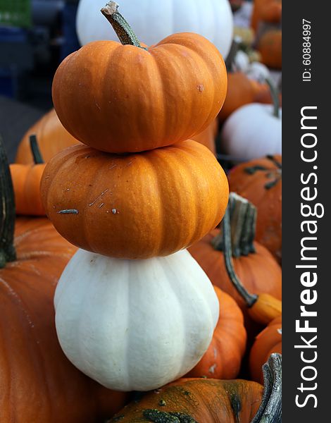 Orange and white pumpkin tower on display at local grower's market