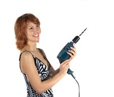 The Girl With A Drill Stock Photo
