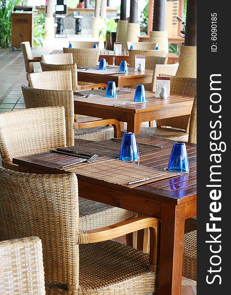 Tables and chairs in a modern restaurant.