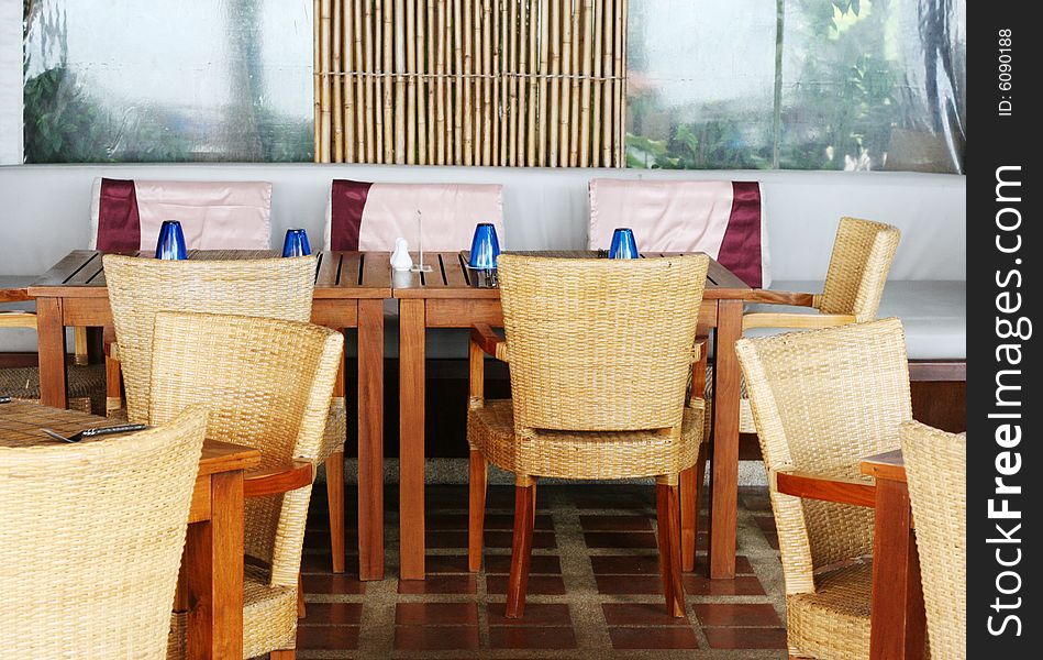 Tables and chairs in a modern restaurant.