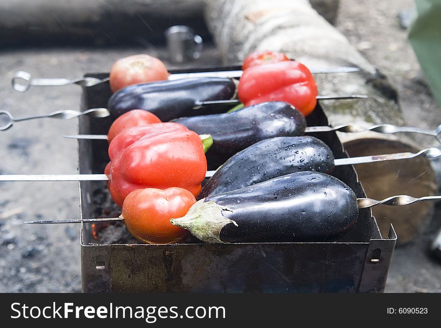 Eggplants And Red Bell Peppers On Grill
