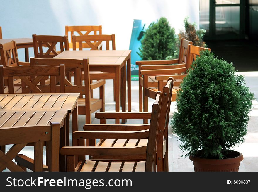 Chairs in a restaurant inside a food court