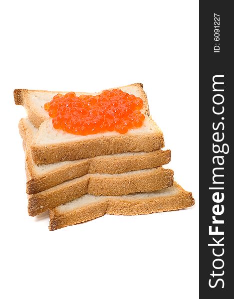 Bread and red caviar on white background