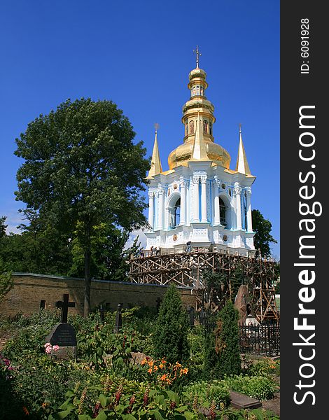 Beautiful church which restore, in good weather, on a background of the blue sky