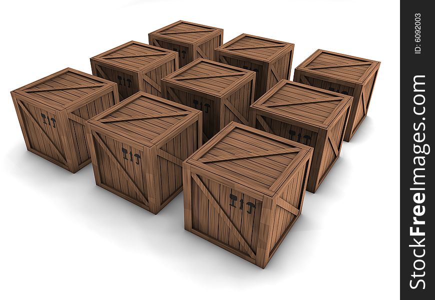9 brown crates. 3d rendering.