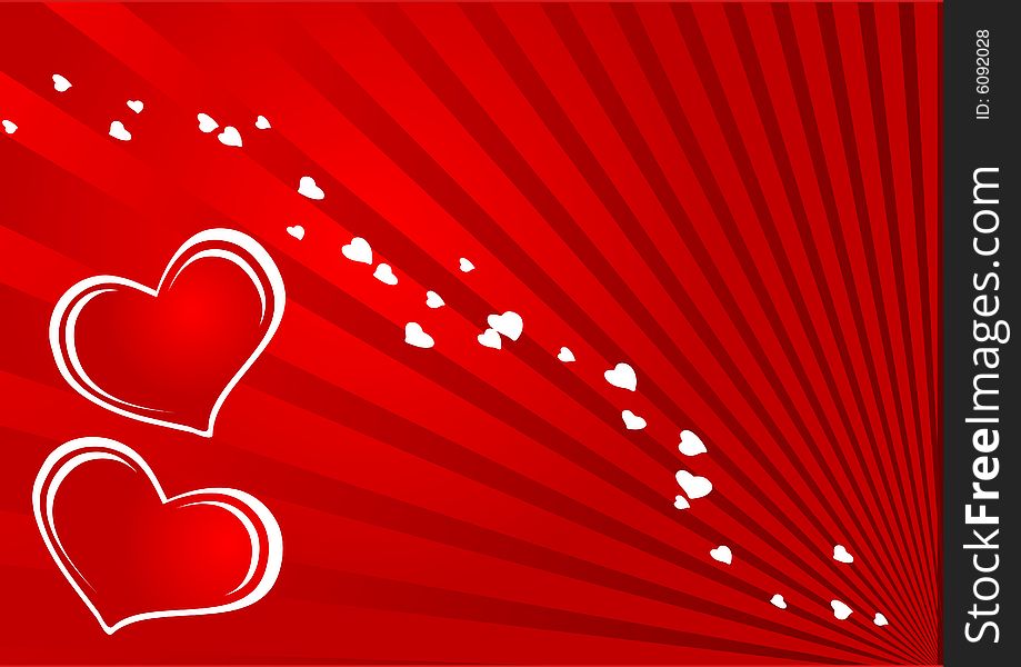 Two white stroked hearts in a red background