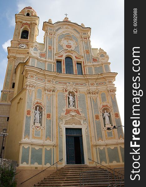 The facade of the baroque cathedral in Cervo, Liguria. The facade of the baroque cathedral in Cervo, Liguria