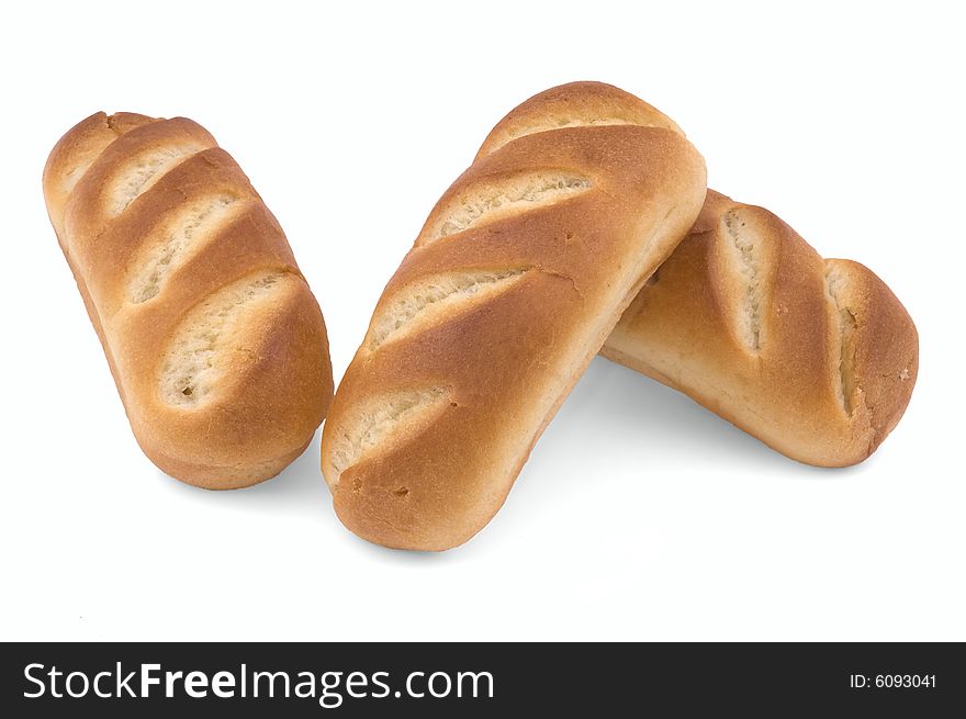 Three french bun isolated on white background. Macro. Three french bun isolated on white background. Macro.