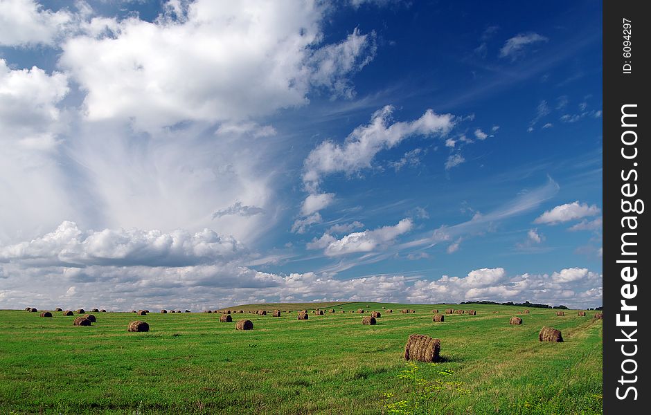 Sheaves of hay on a green floor under the blue sky. Sheaves of hay on a green floor under the blue sky