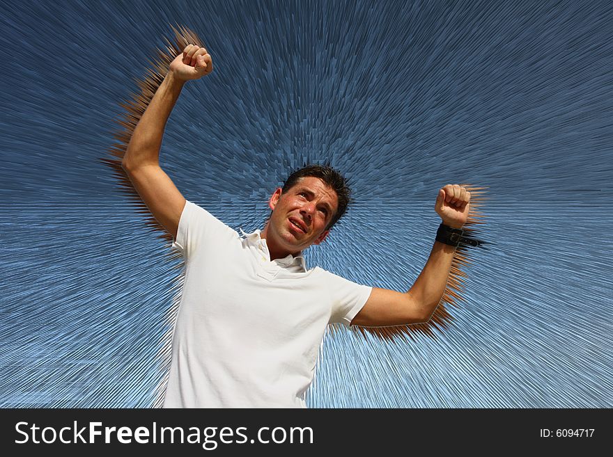 Man on a blue exploding extruded background. Man on a blue exploding extruded background