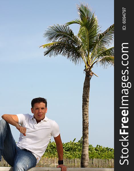 Man sitting with a palm tree in the background. Man sitting with a palm tree in the background