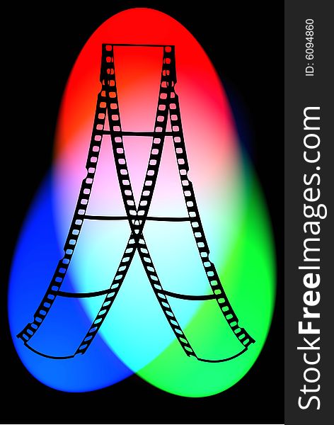 Illustration of 35mm filmstrips with RGB colors on black background. Illustration of 35mm filmstrips with RGB colors on black background.