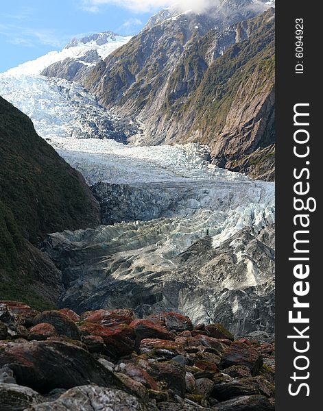 View up Franz Joseph Glacier for near sea level, Westland, NZ. View up Franz Joseph Glacier for near sea level, Westland, NZ