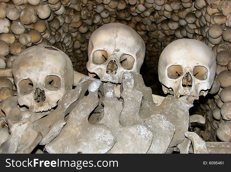 Skulls and bones in chapel of skull in Kutna Hora - Czech Republic
