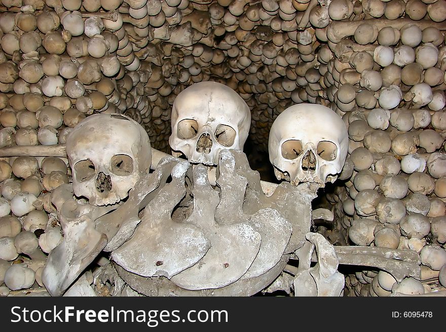 Skulls and bones in chapel of skull in  Kutna Hora - Czech Republic