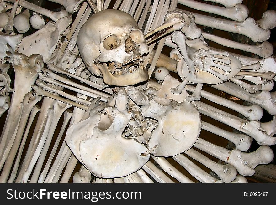 Skulls and bones in chapel of skull in Kutna Hora - Czech Republic