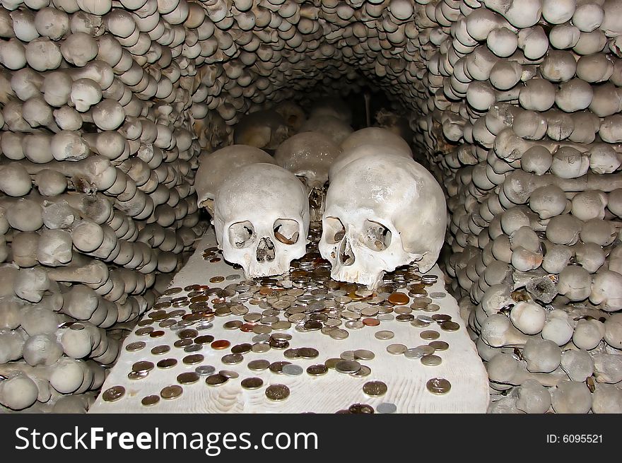 Skulls and bones in chapel of skull in  Kutna Hora - Czech Republic