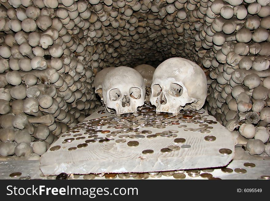 Skulls and bones in chapel of skull in  Kutna Hora - Czech Republic