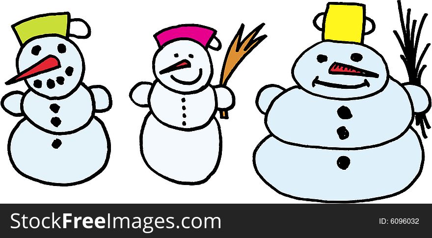 Three little snowmans on white background. Winter fogures. vector image