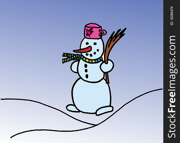 Little snowman with muffler on white background.  Winter small figure. vector image