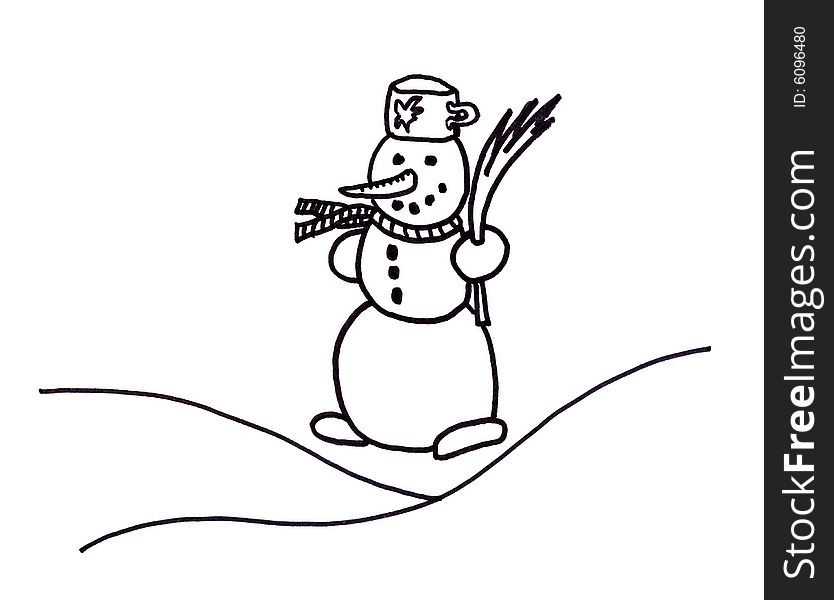 Little snowman with muffler on white background.  Winter small figure.  image